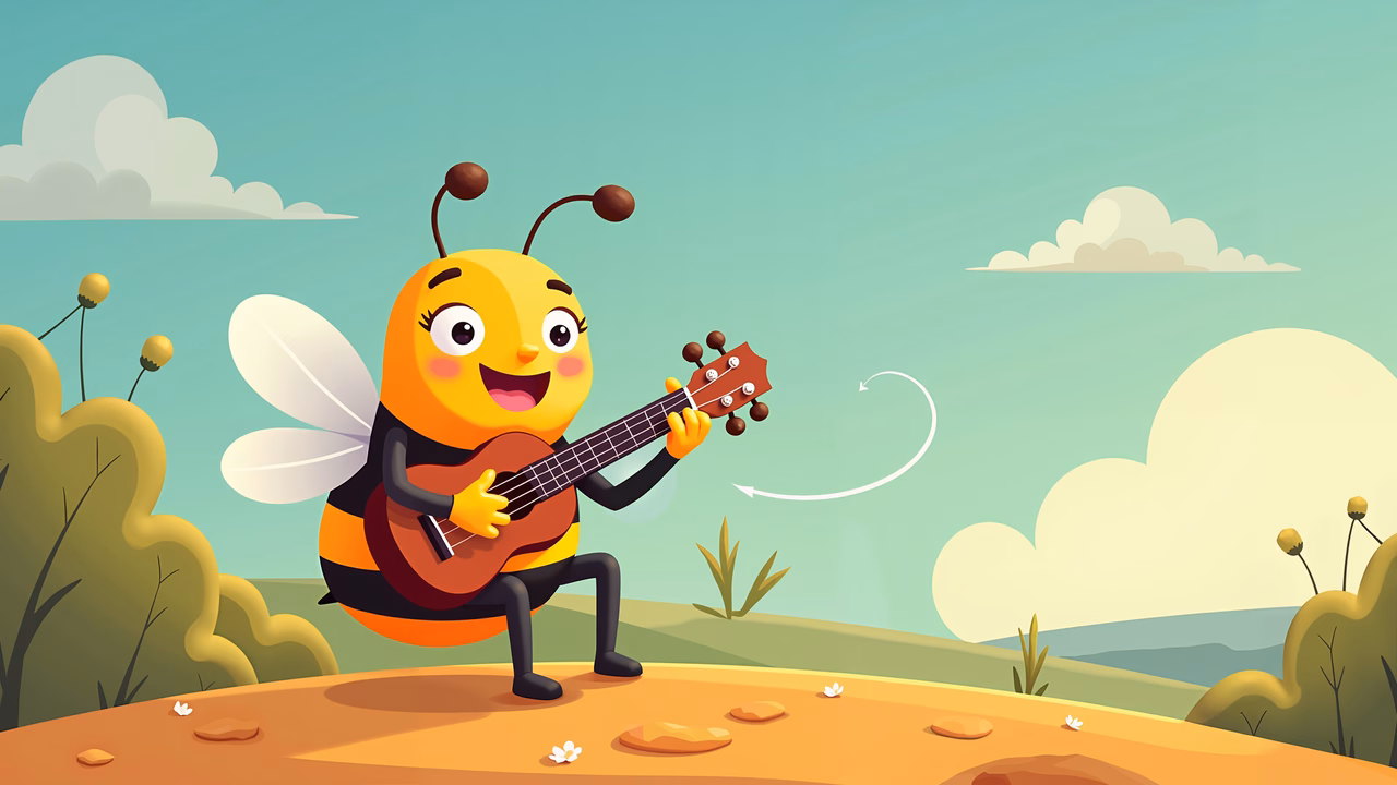 A happy bee playing guitar in a colorful, pastoral setting.