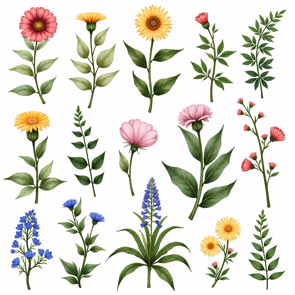 Detailed botanical illustrations featuring colorful flowers and lush greenery.
