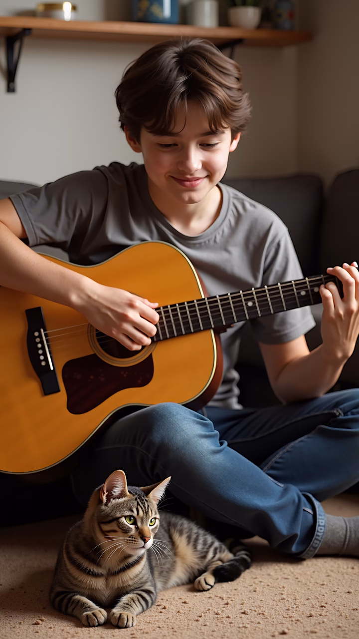 A boy playing guitar with a curious cat nearby, captured in a warm, intimate portrait.