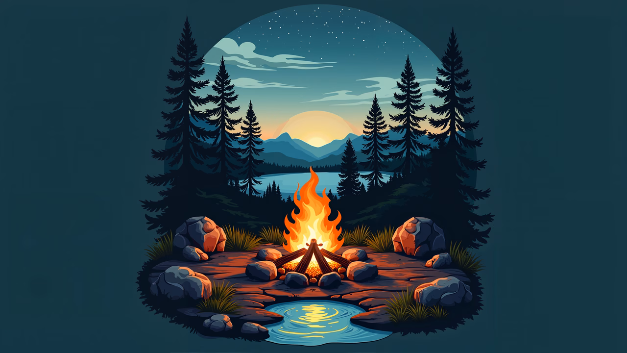 A cozy campfire surrounded by pine trees and a serene lake under a starlit sky.