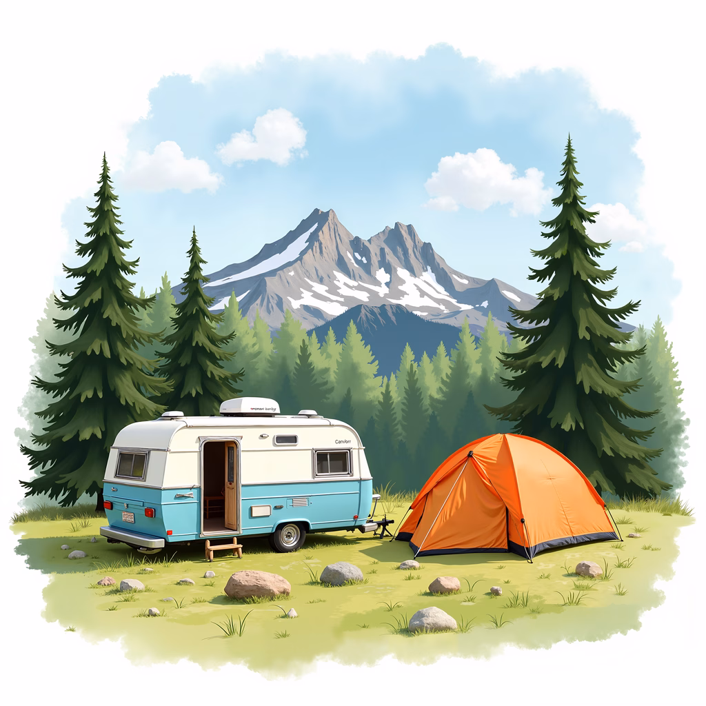 A tranquil camping scene with a vintage trailer and tent set against a mountainous landscape.
