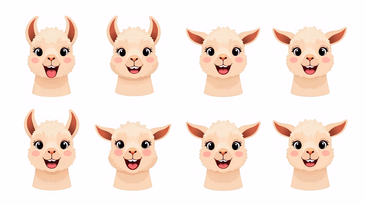 Cute cartoon alpaca faces with various expressions on a white background.