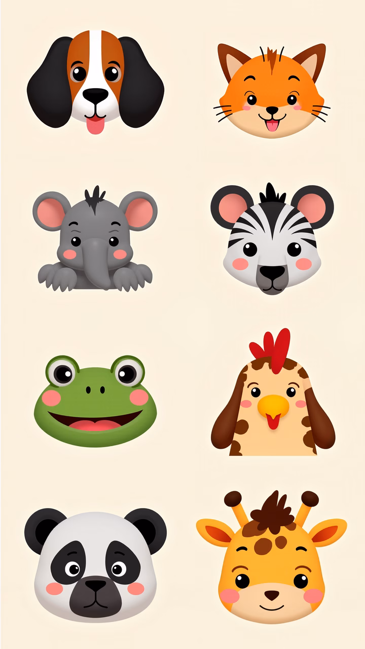 Cute cartoon animal faces in a playful, pastel-colored illustration.