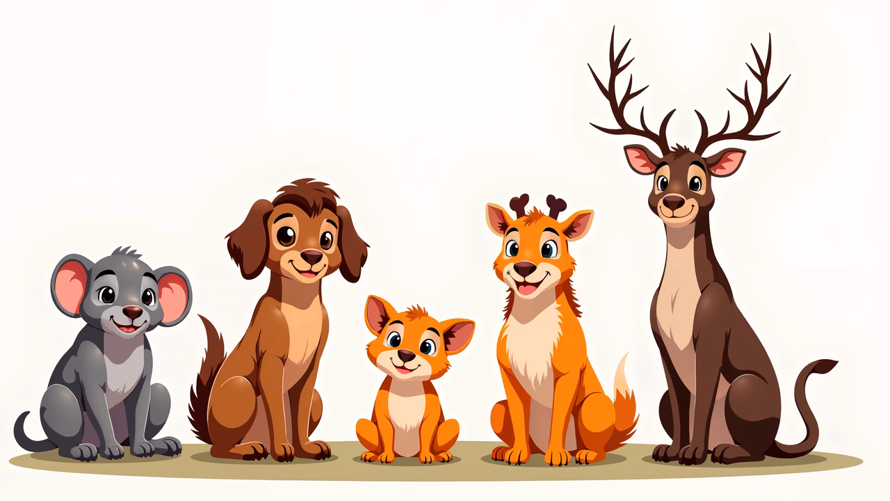 Five cute cartoon animals sitting together in a friendly lineup.