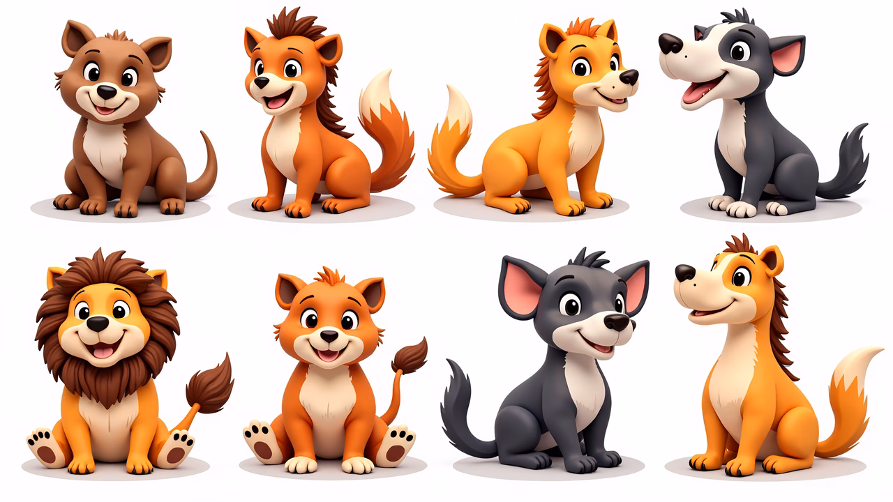 Cute cartoon animals in vibrant orange and brown tones, perfect for children's art.
