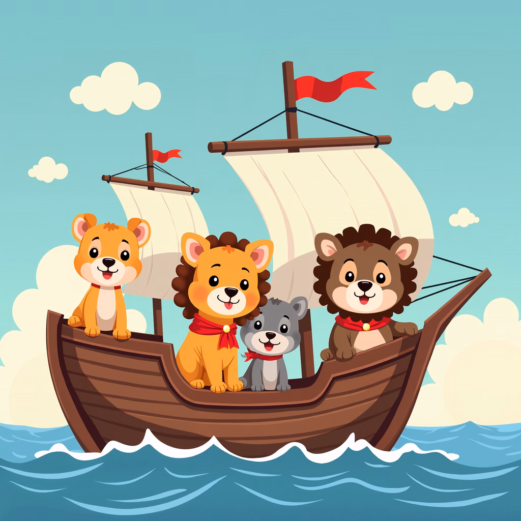 Four animated animals sail together on a whimsical voyage under a bright blue sky.