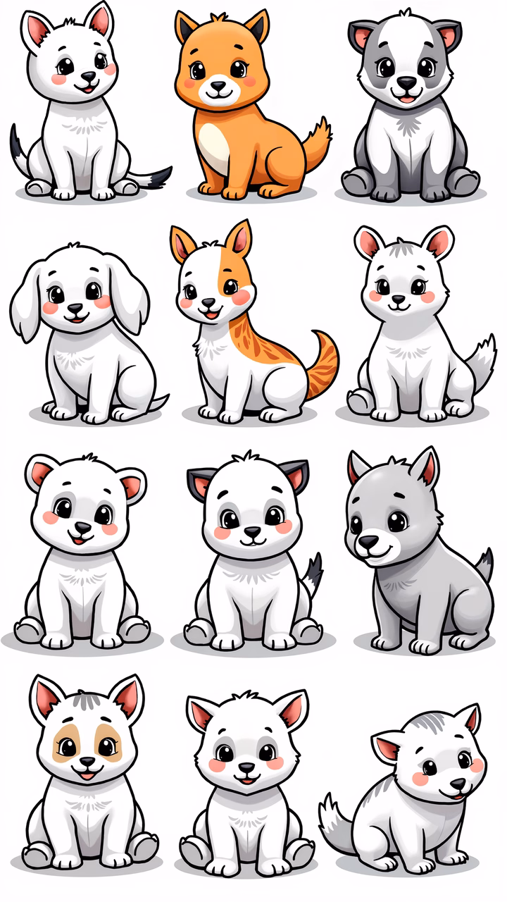 Collection of cute cartoon cats in pastel colors.