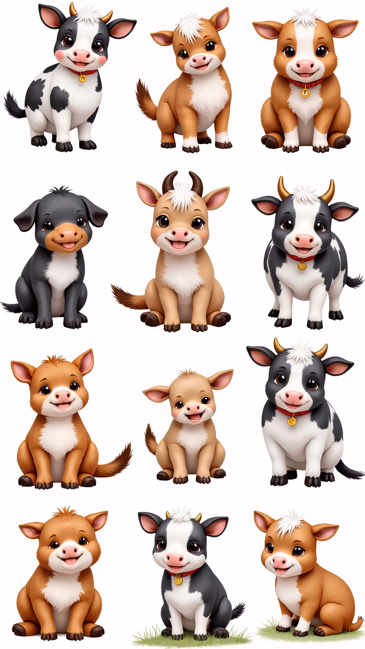 Collection of adorable cartoon cows with unique markings and accessories.