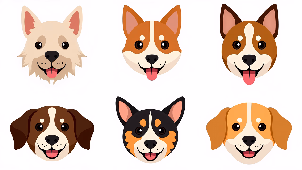 Brightly colored cartoon dogs with playful expressions on a white background.