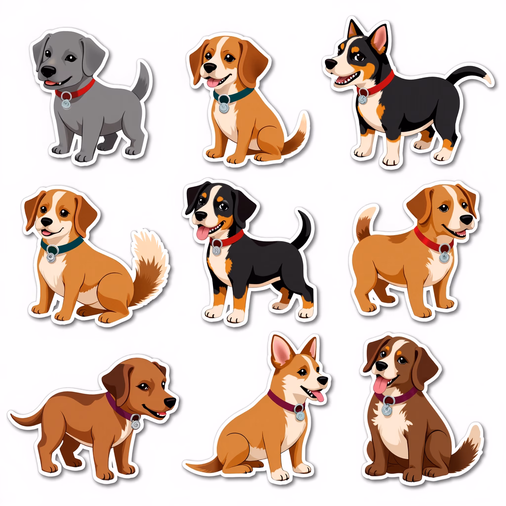 Cute cartoon dogs with expressive faces and vibrant fur colors.