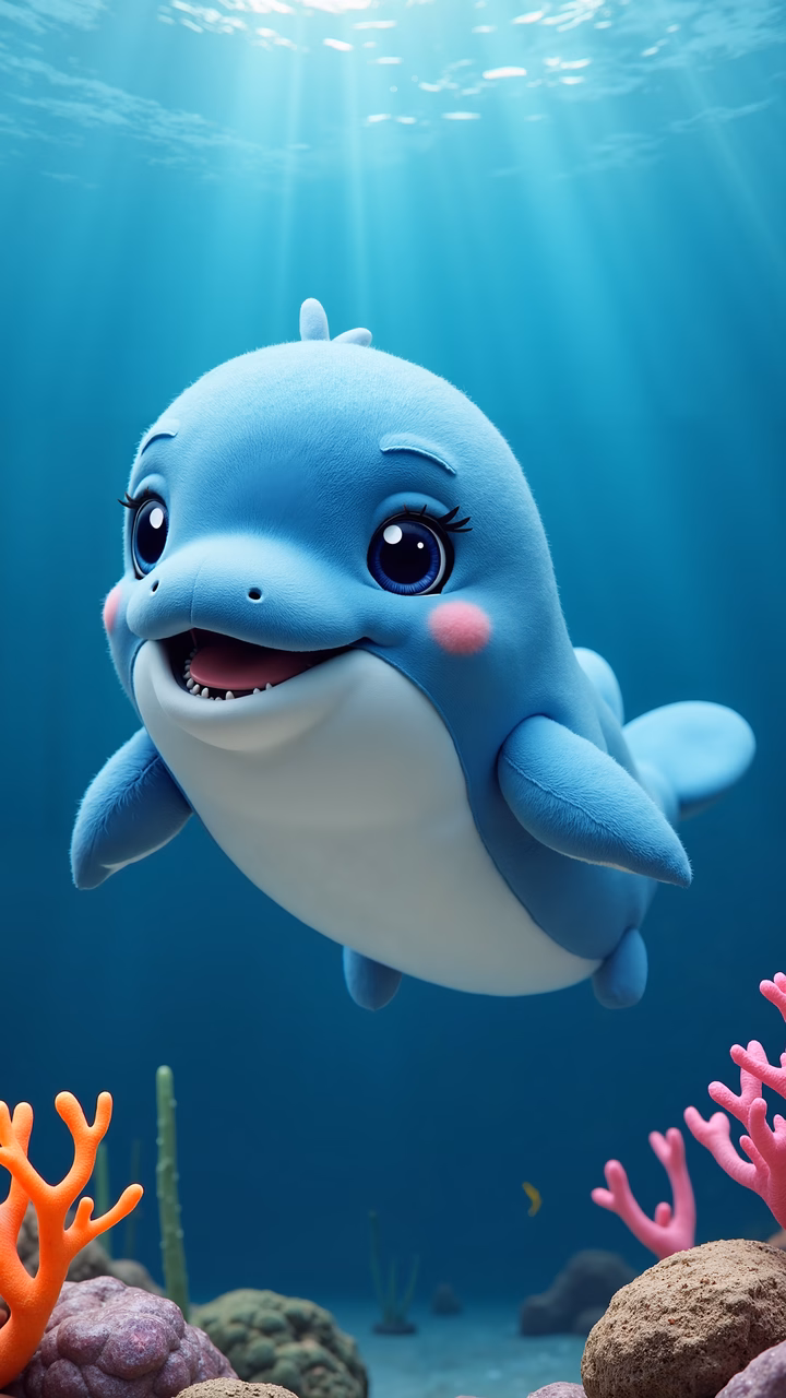 A cute cartoon dolphin in a colorful underwater world.