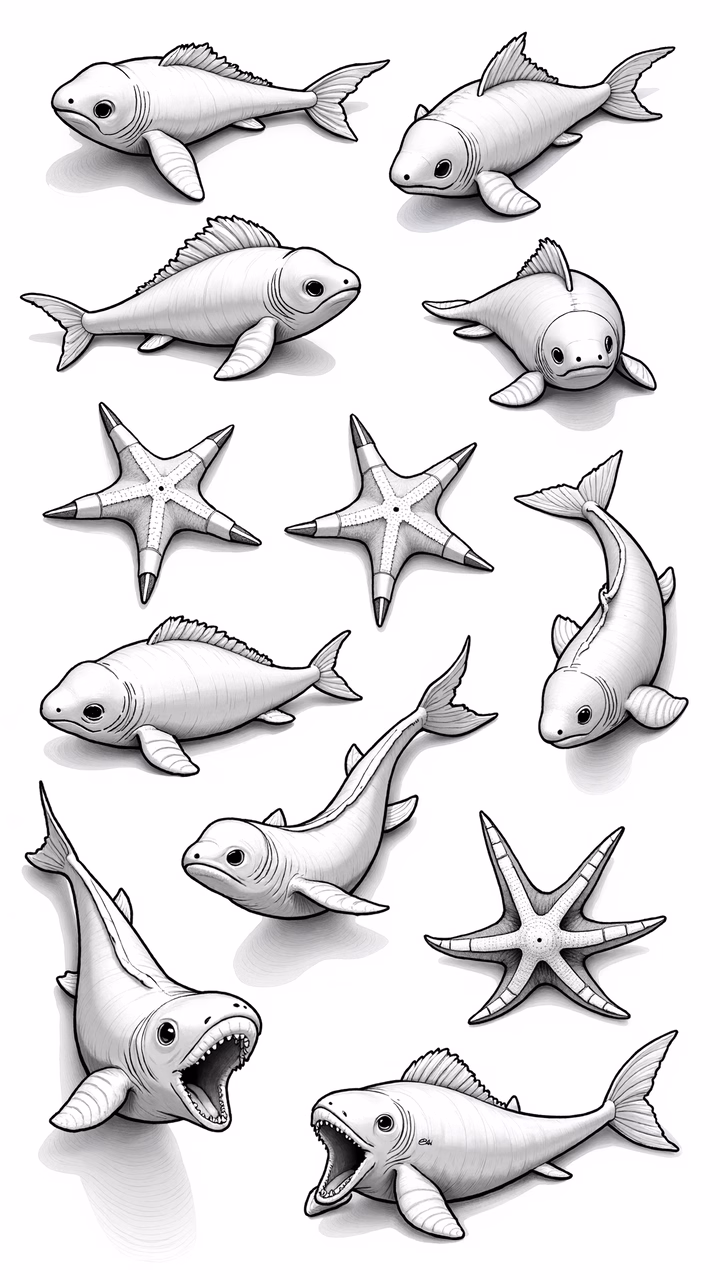 Whimsical cartoon depiction of marine life with expressive fish and simple starfish.