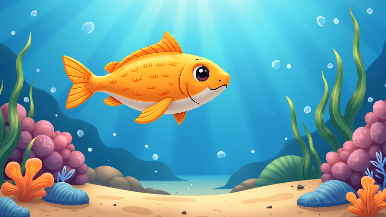 A cute cartoon fish swimming in a colorful underwater world.