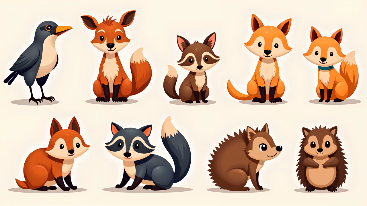 Cute cartoon forest animals in a playful, colorful illustration.