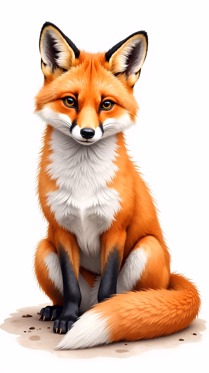 Vibrant cartoon fox with expressive eyes and detailed fur, sitting upright on a light brown ground.