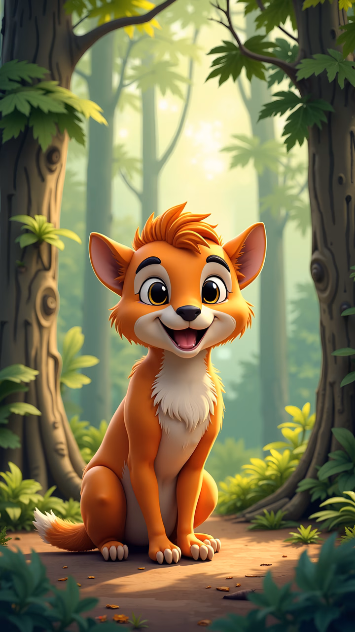 A cute cartoon fox in a peaceful forest setting.