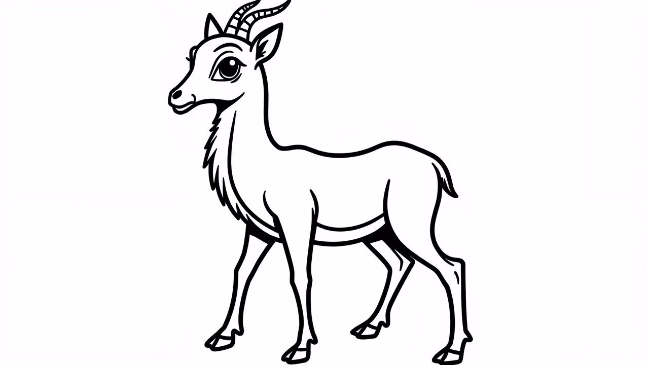 Stylized gazelle with expressive eyes and horns, black lines on white background.