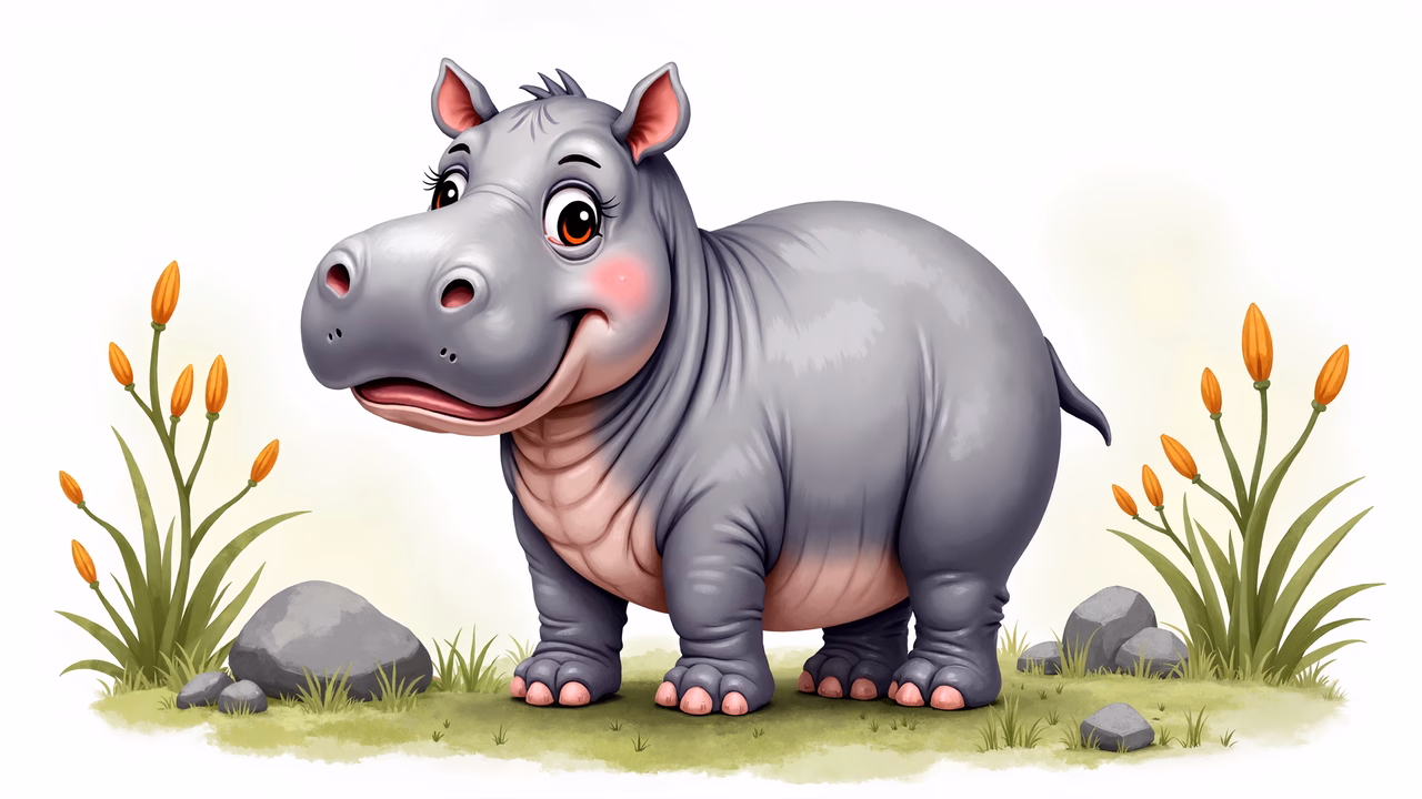 A cute cartoon hippo with a friendly expression, surrounded by nature.