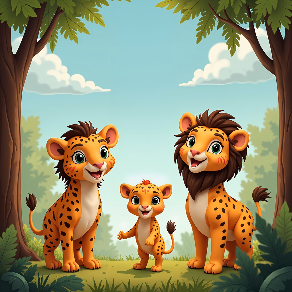 A joyful jungle animal family in a vibrant forest setting.