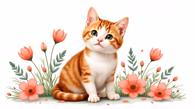 Cartoon Kitten Among Flowers