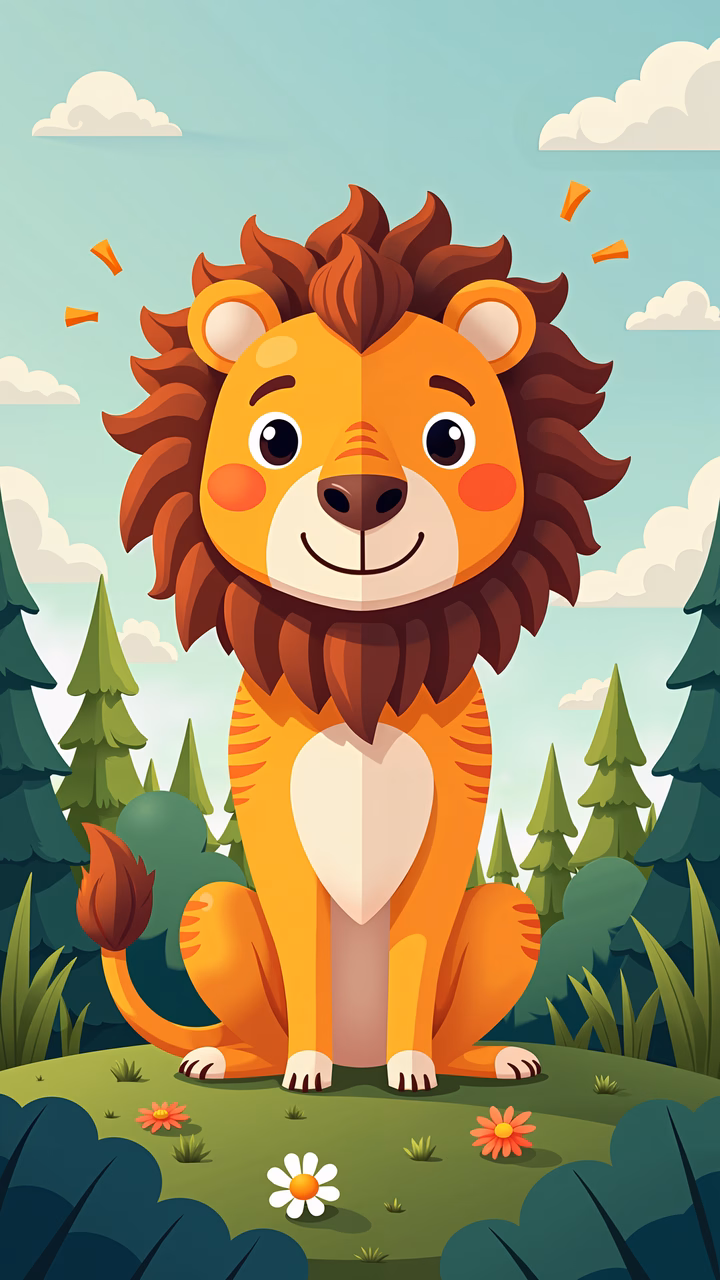 A cute cartoon lion in a forest setting, perfect for children's art.