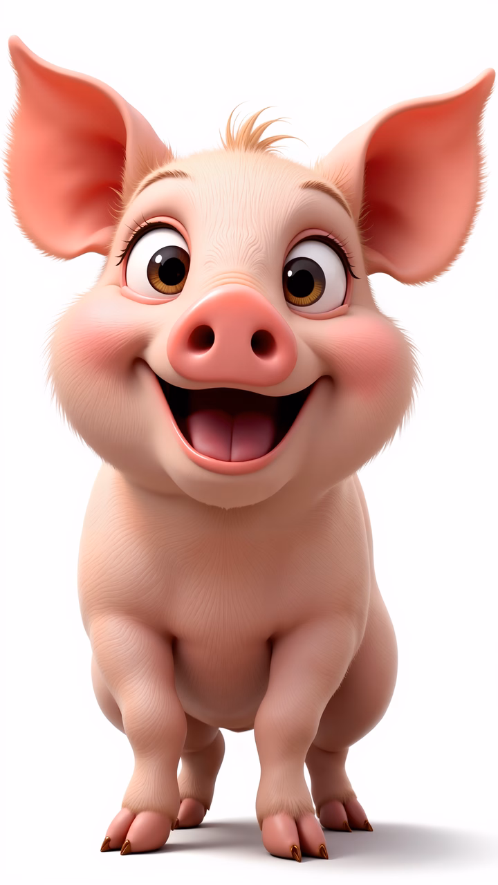 A cute cartoon pig with big eyes and a happy smile, perfect for kids!