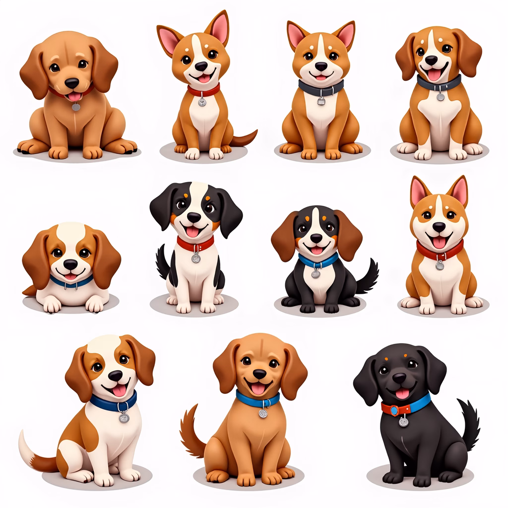 Whimsical cartoon puppies with unique markings and expressions, exuding joy and charm.