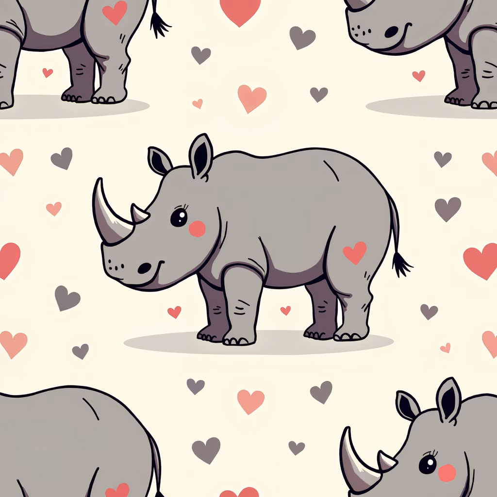 Cute cartoon rhinos with hearts on a soft beige background, perfect for children’s art.