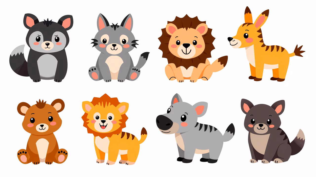 Cute cartoon safari animals in a playful and colorful style.