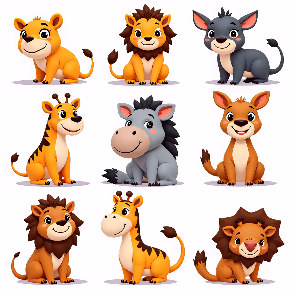 Cute cartoon safari animals in a vibrant and playful style.