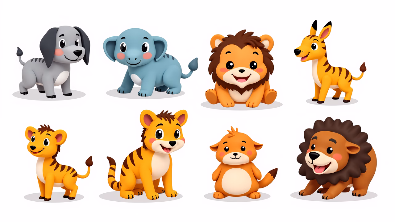 Cute cartoon safari animals in a playful, child-friendly style.
