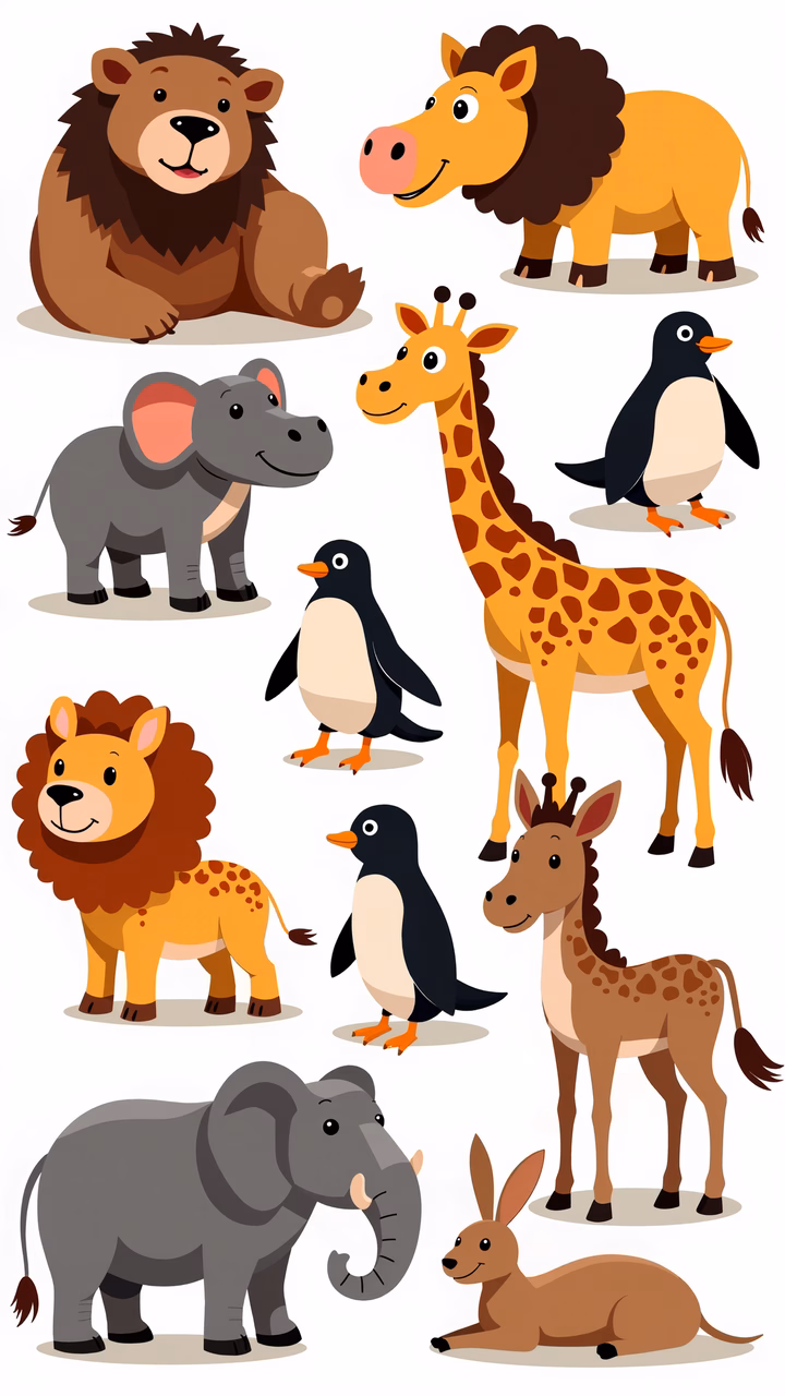 Brightly colored cartoon safari animals in a playful style.