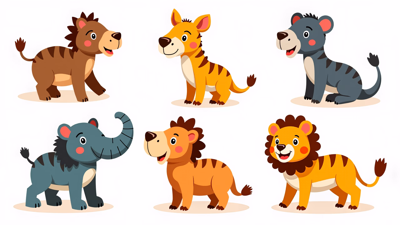 Brightly colored cartoon safari animals in a playful and whimsical style.