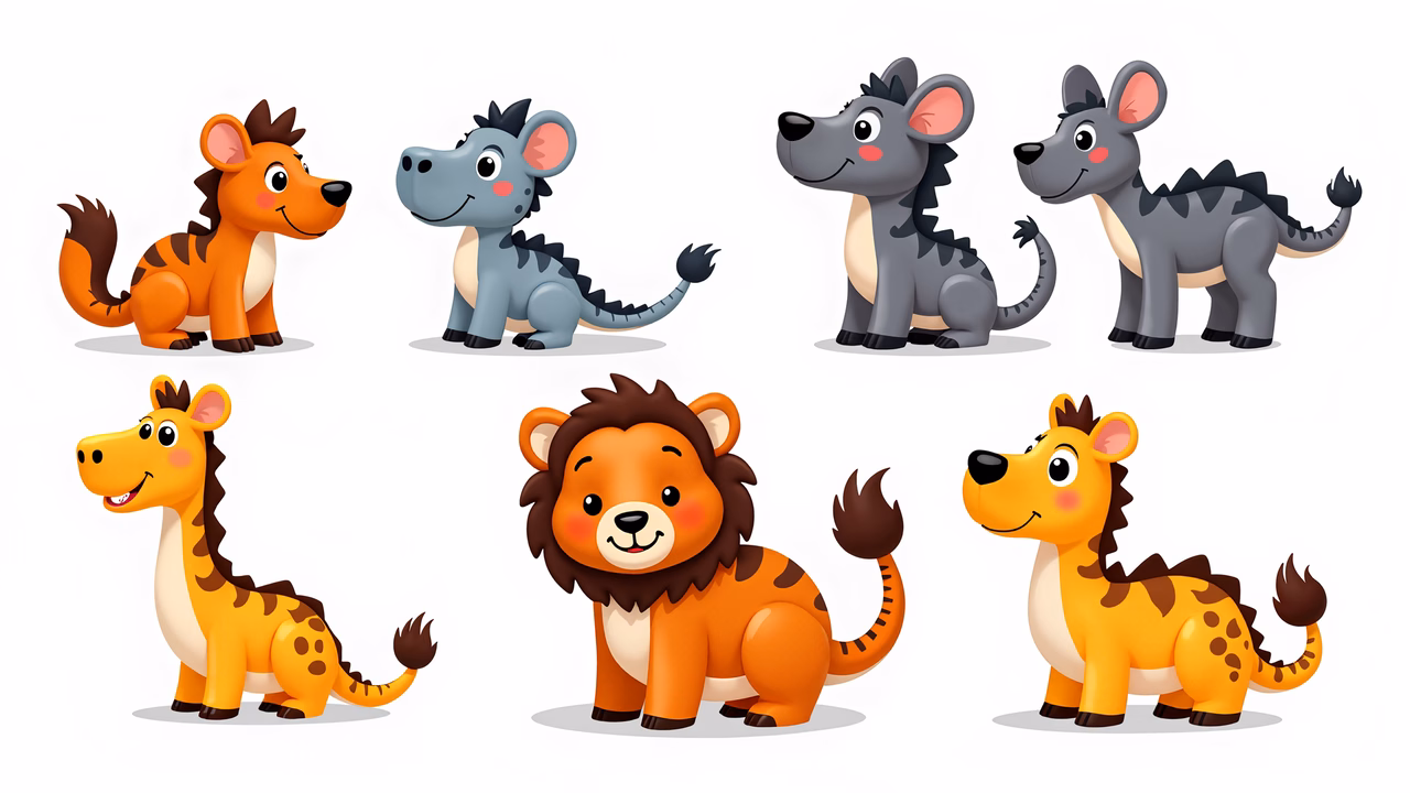 Brightly colored cartoon safari animals on a white background.
