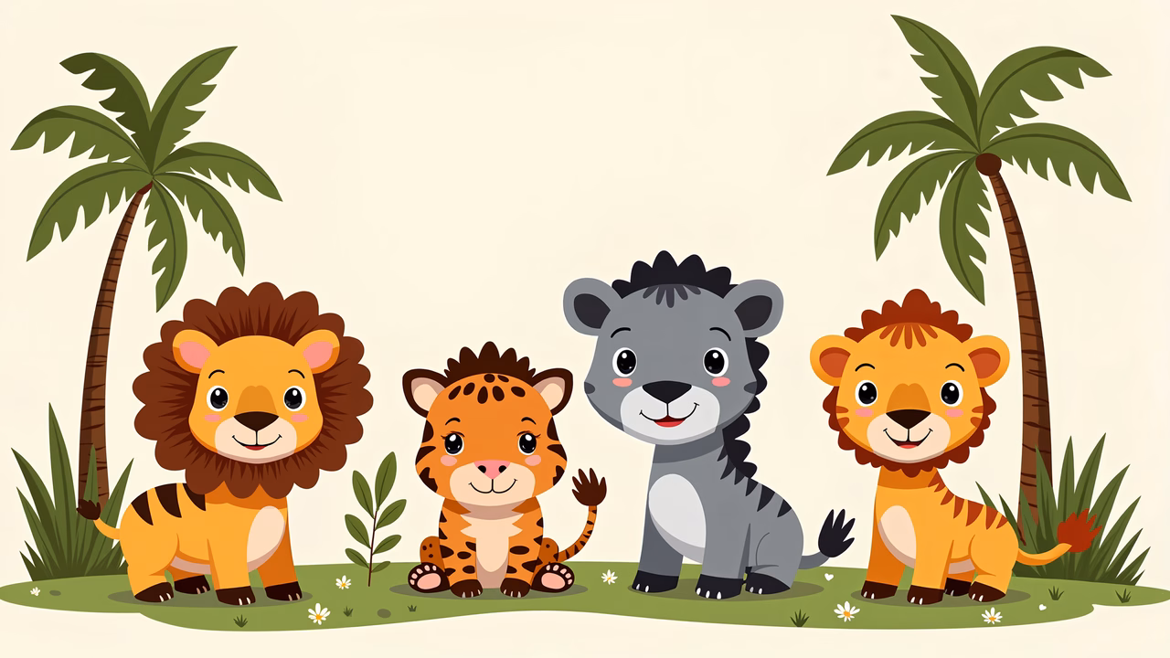 Four cute cartoon animals standing together in a tropical setting.