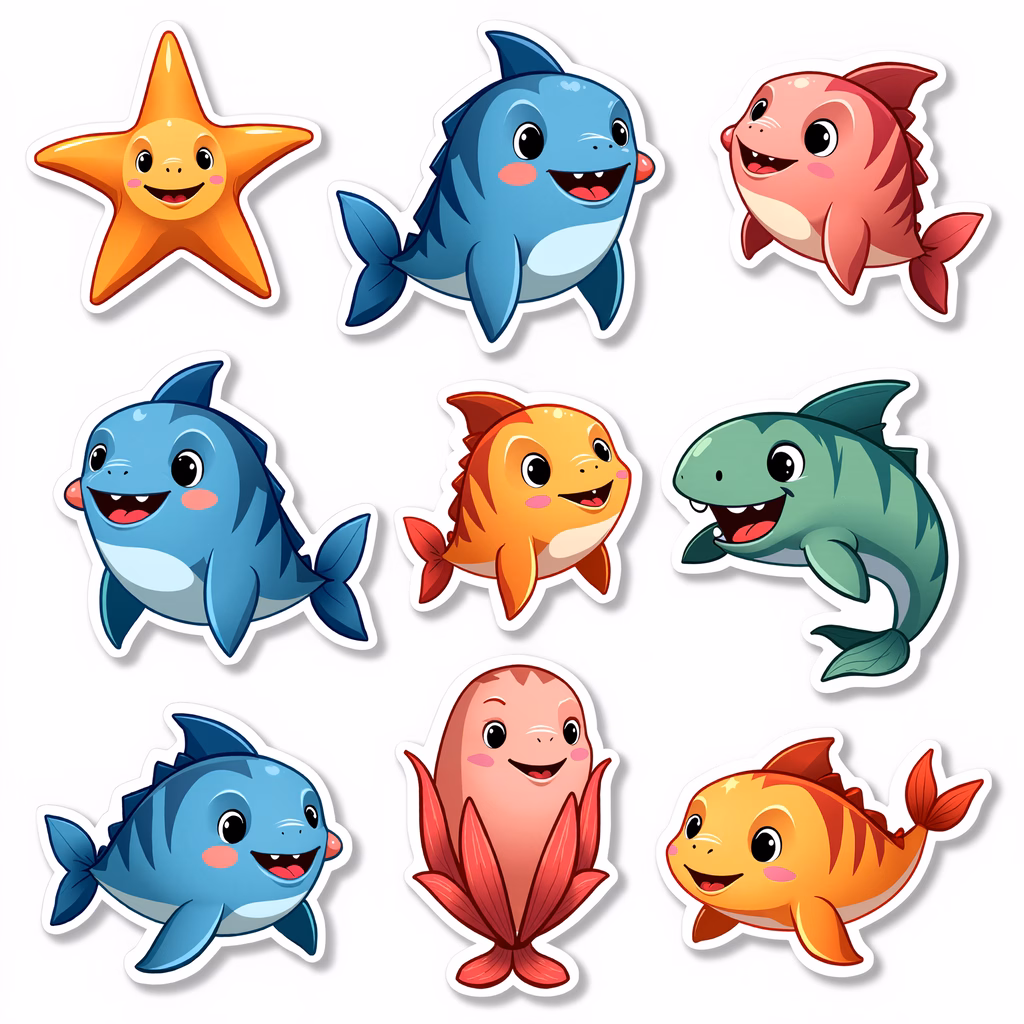 Brightly colored cartoon sea creatures designed for children's entertainment.