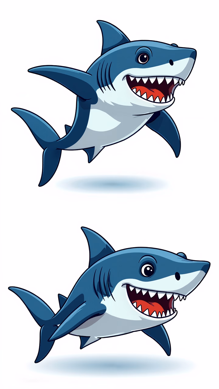 Cartoon sharks in a playful underwater adventure.