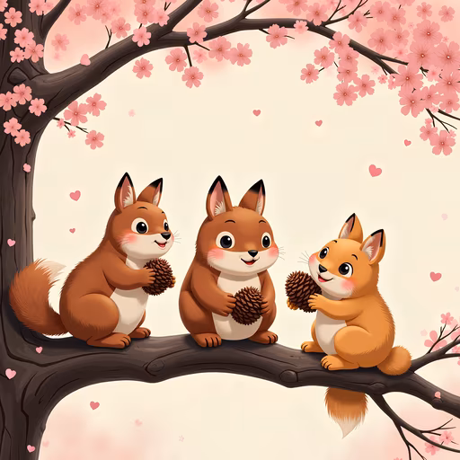 Cartoon Squirrels Gathering Pinecones