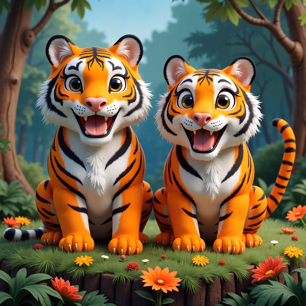 Cheerful cartoon tigers in a lush forest setting
