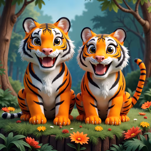 Cartoon Tigers in a Forest