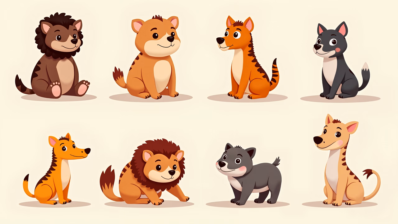 Cute cartoon animals sitting together in a friendly gathering.