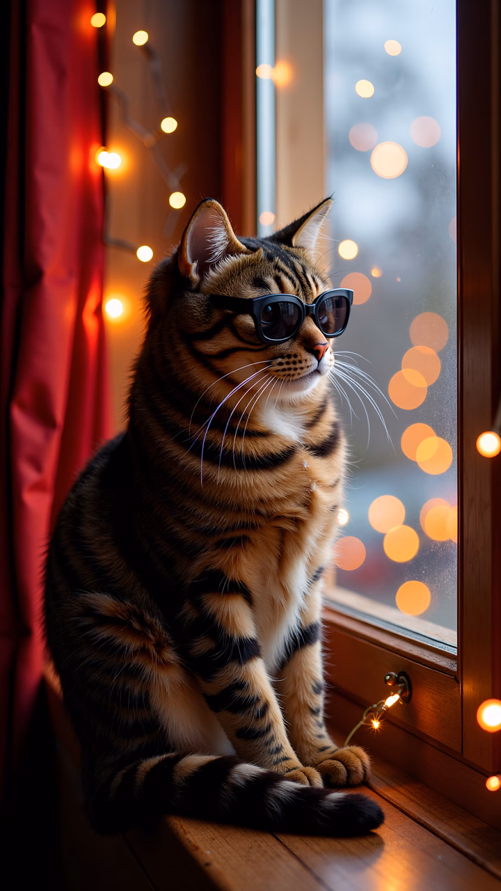 A cat wearing sunglasses by a window with fairy lights, creating a cozy and whimsical vibe.