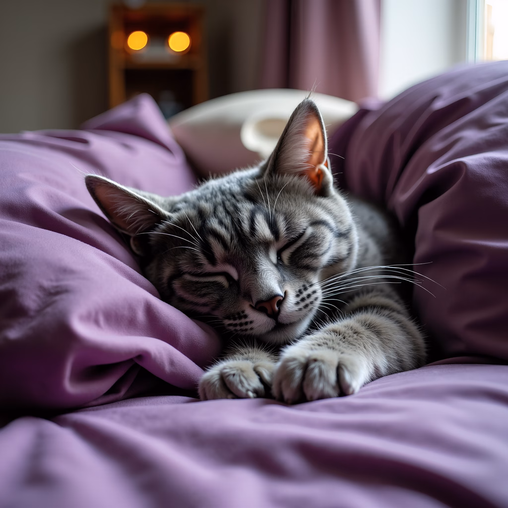 A peaceful tabby cat sleeping on a purple bed, surrounded by soft lighting and cozy textures.