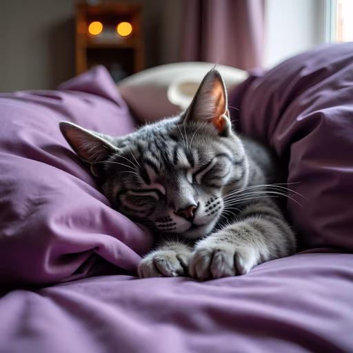 Cat Sleeping on Purple Bed