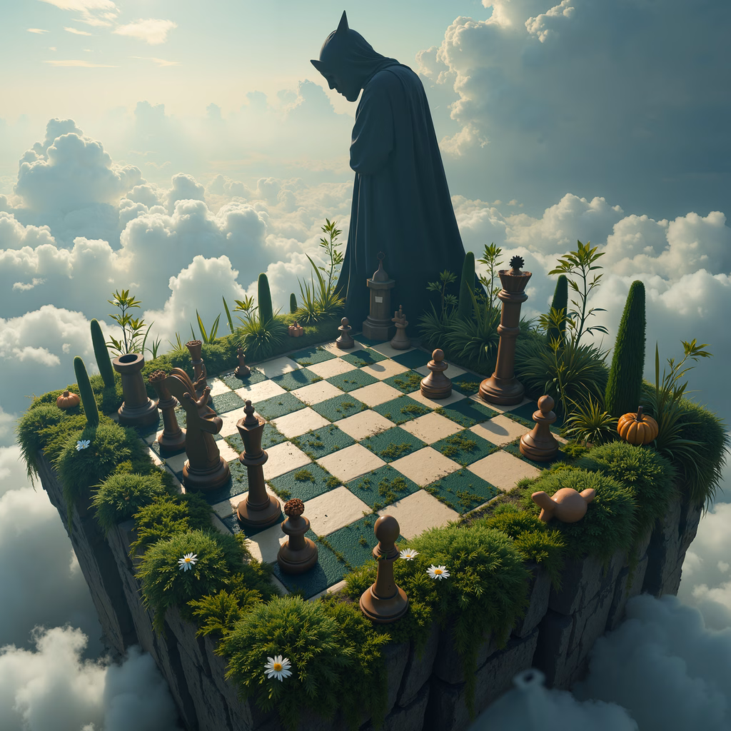 Mysterious figure on floating chessboard amidst clouds and pumpkins.