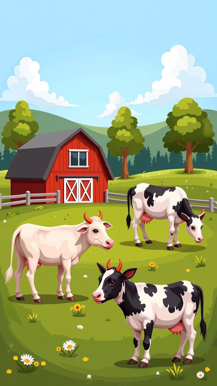 Peaceful cows grazing in a picturesque farm setting.