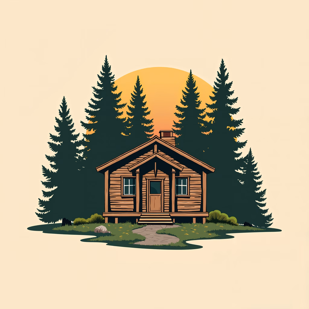 A cozy cabin surrounded by trees under a warm sunset, inviting viewers into a tranquil retreat.