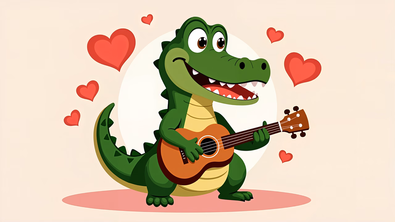 A cute crocodile playing guitar with hearts floating around, perfect for children's art!