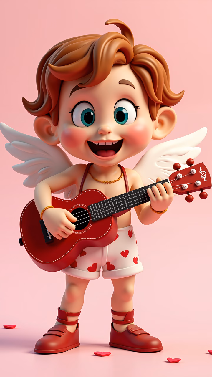 A cute angel playing guitar in a pink-themed illustration.