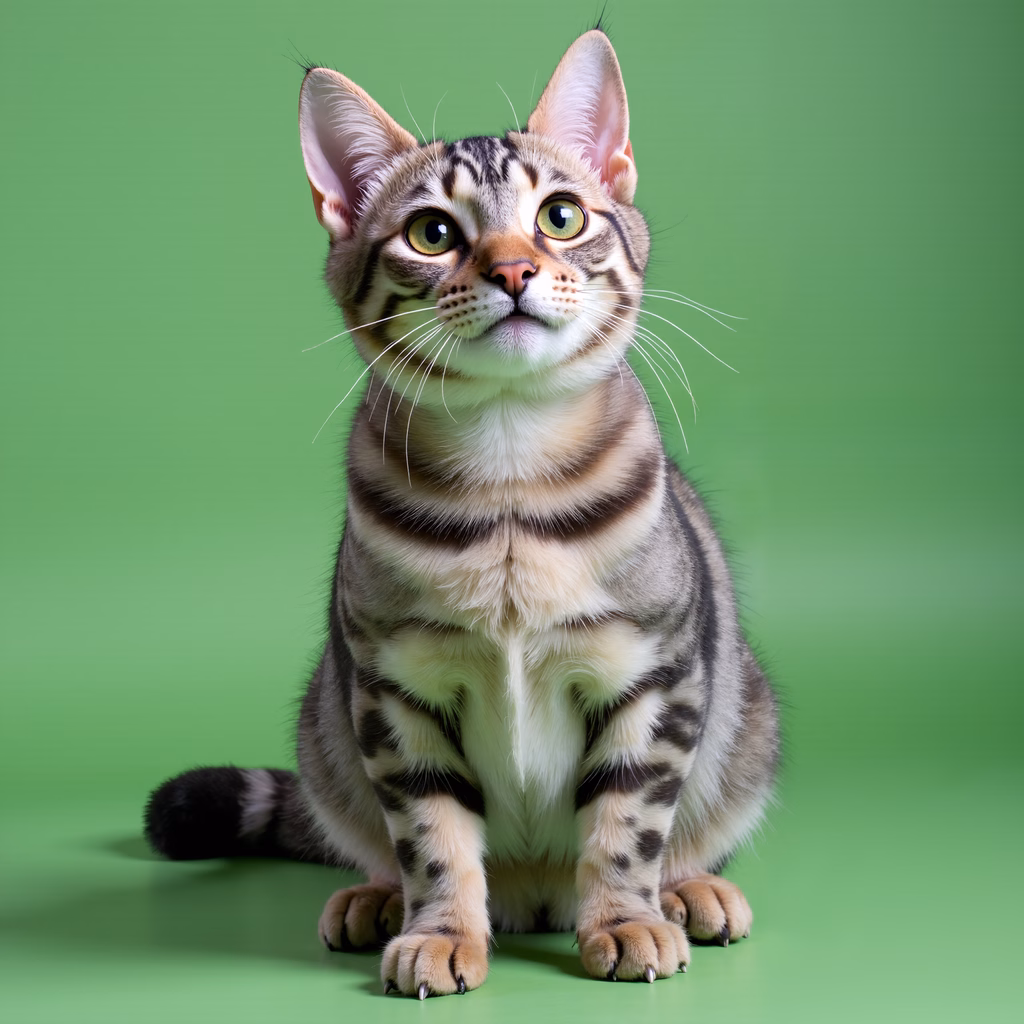 Curious Bengal cat with green eyes on a bright green background.